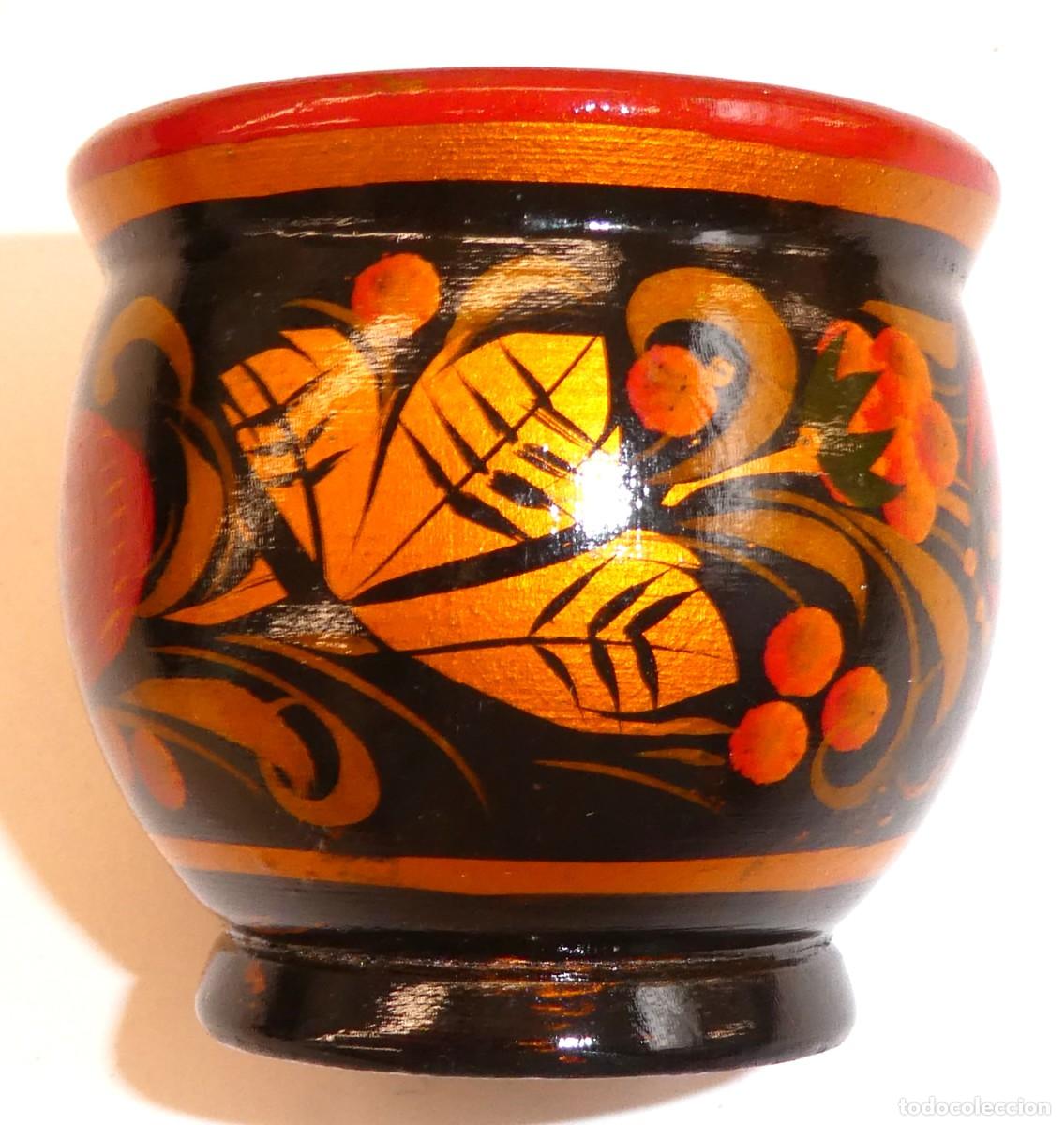 Vintage: Cuenco Ruso de madera pintado a mano ,t&eacute;cnica tradicional rusa Khokhloma.