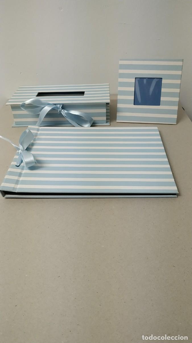 Vintage: CONJUNTO DE TRES PIEZAS ALBUM, MARCO FOTOS Y CAJA DE PA&Ntilde;UELOS PARA RECIEN NACIDO