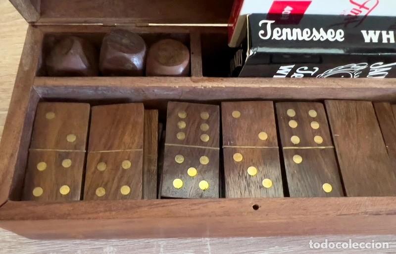 Vintage: SET Juego madera grabado bronce: domin&oacute;, dados, cartas