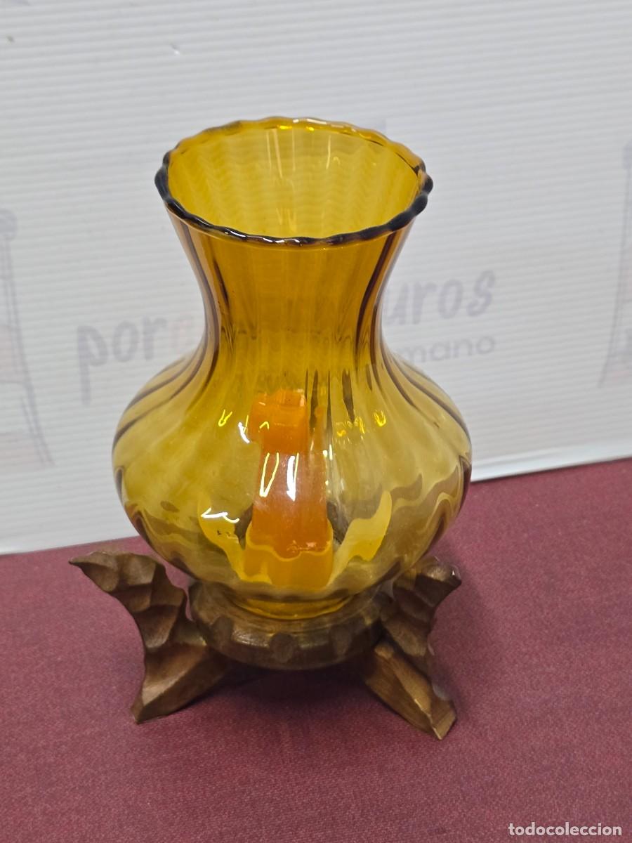 Vintage: Portavelas de ambar con base de madera tallada 18cm. - Foto 1