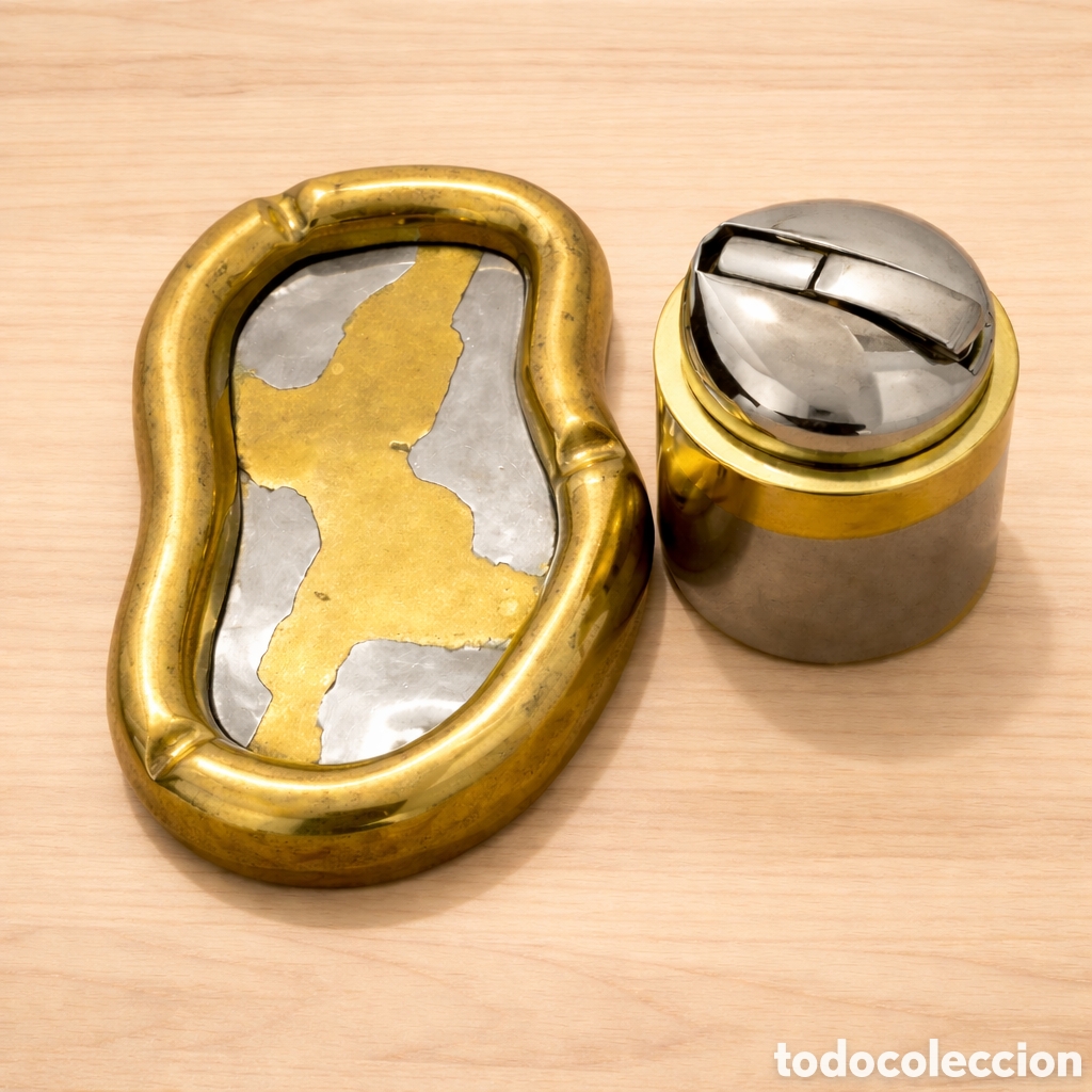 Vintage: David Marshall cenicero + encendedor de estilo brutalista. En bronce y aluminio. A&ntilde;os 80. Retro.