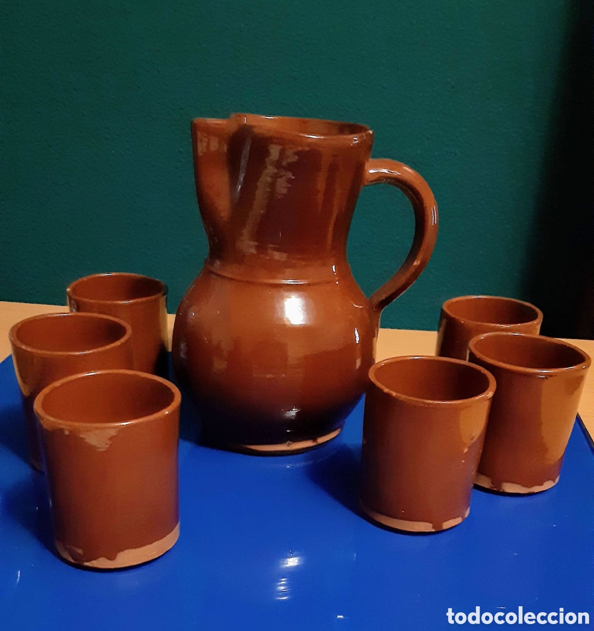 Vintage: Jarra de vino y 6 vasos de barro - Foto 2