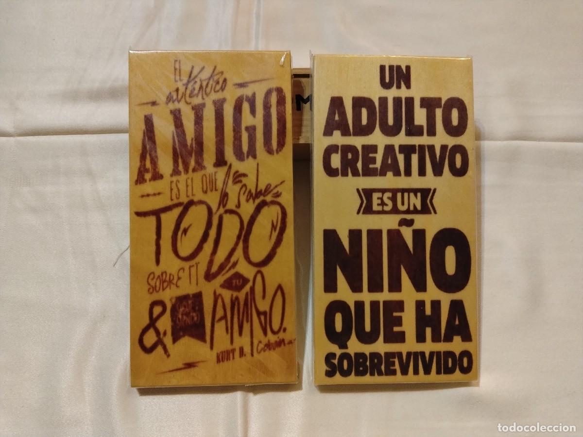 Vintage: 2 CARTELES EN MADERA CON FRASES BONITAS...(AMIGO Y UN ADULTO CREATIVO....)10 x 20 cm