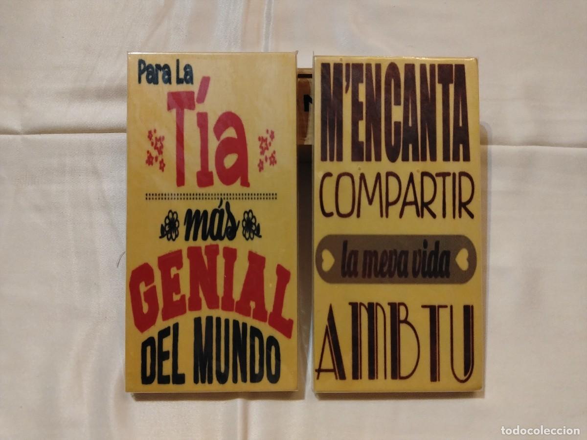 Vintage: 2 CARTELES EN MADERA CON FRASES...(PARA LA TIA GENIAL Y M&acute;ANCANTA COMPARTIR....)10 x 20 cm
