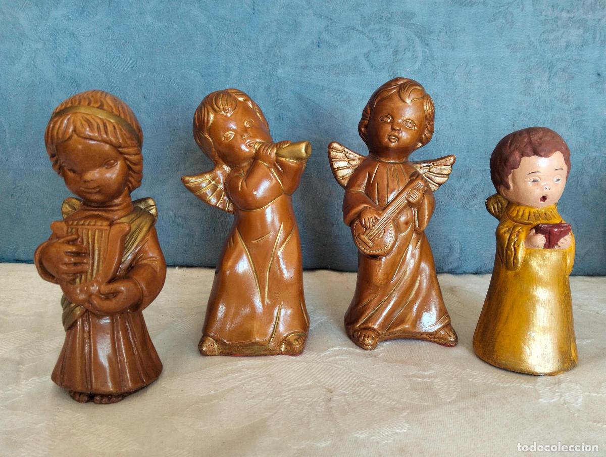Vintage: Lote 4 figuras figuritas decorativas vintage de &aacute;ngeles tocando instrumentos esculturas de angelitos