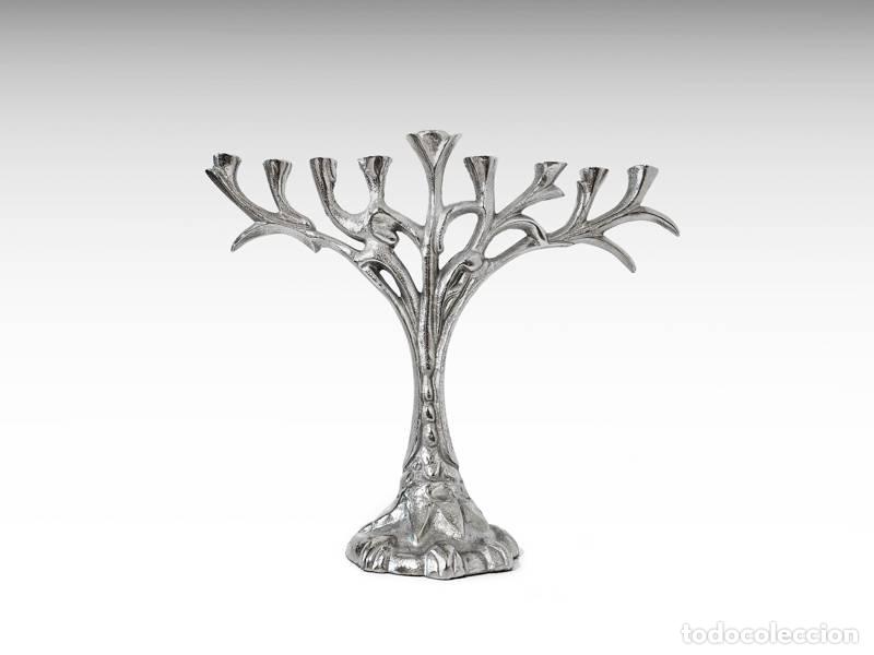 Vintage: Candelabro judaico de alum&iacute;nio - Hanukkah Menorah - &Aacute;rvore da Vida - Art Decor (1462)