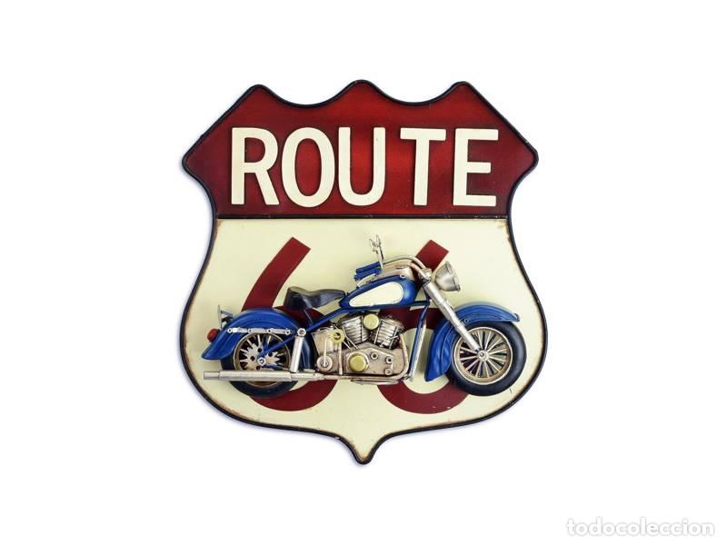 Vintage: Placa de metal - Route 66 com modelo de mota 3D (1395)