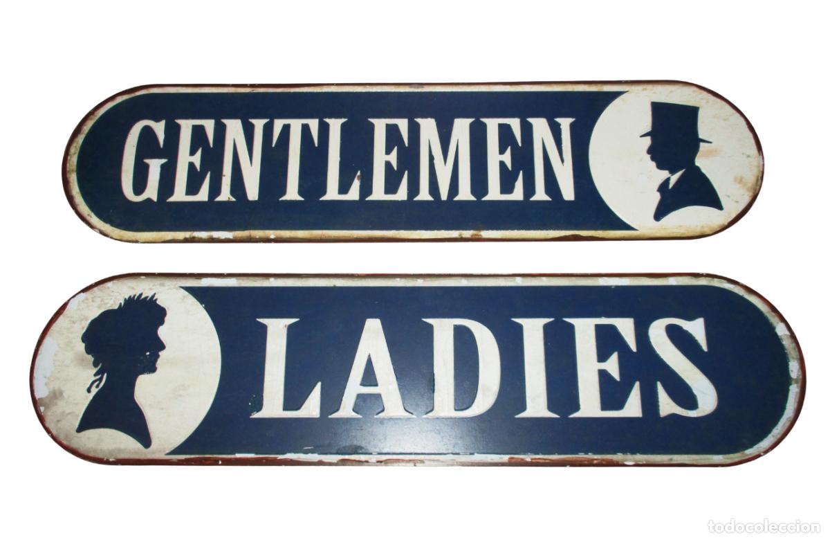 Vintage: PAREJA DE CARTELES MET&Aacute;LICOS PINTADOS PARA ASEOS DE LADIES Y GENTLEMEN. MEDIDAS: 51 X 13 CMS.