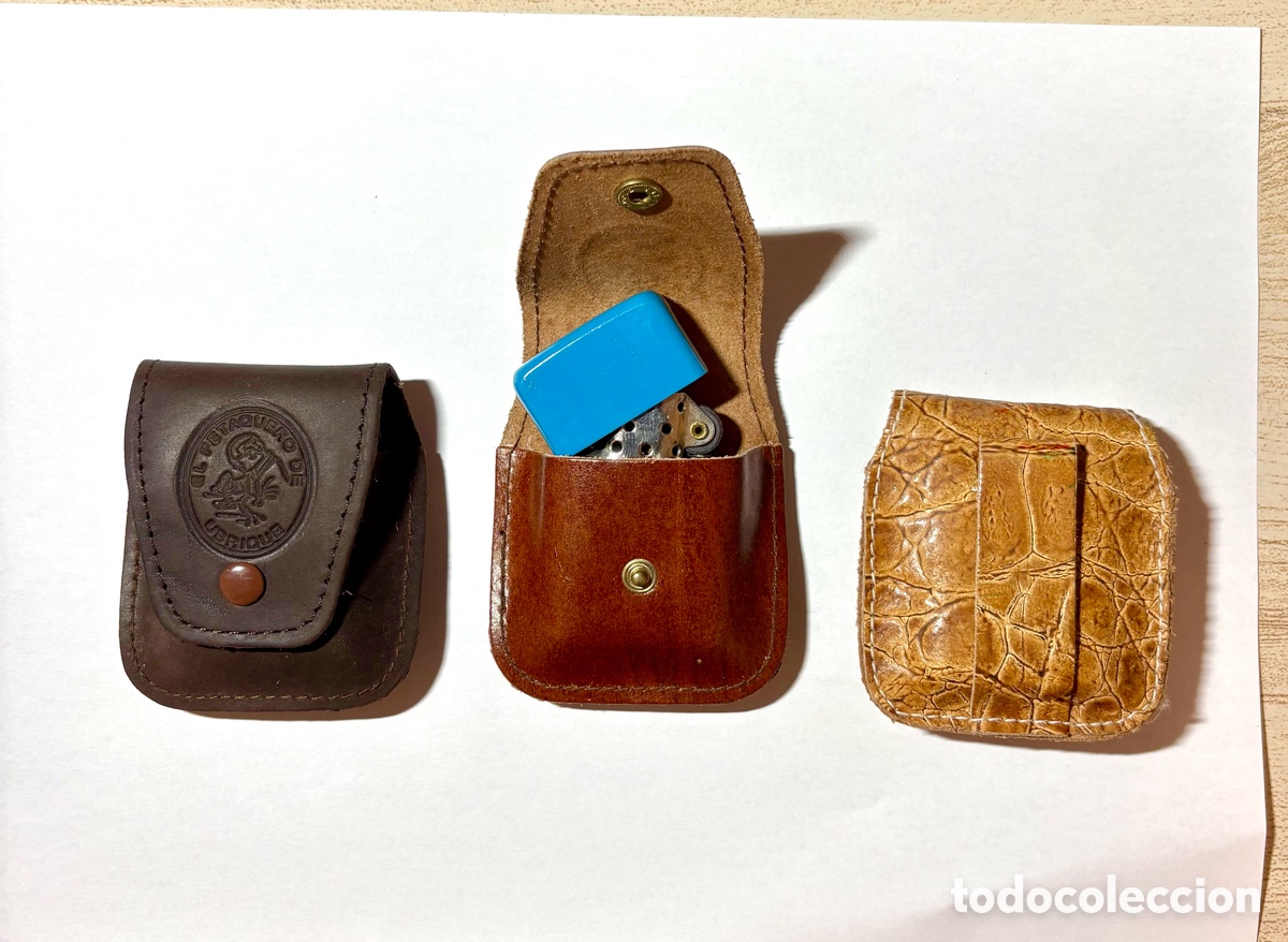 Vintage: Lote 3 Sets: Funda Piel Ubrique &rdquo;El Petaquero&rdquo; + Encendedor Gasolina - NUEVOS (NOS)