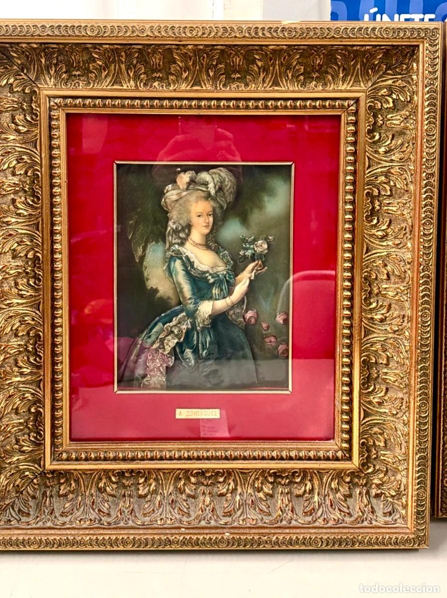 Vintage: Par de cuadros con se&ntilde;oras del XVIII, figuras tridimensionales.