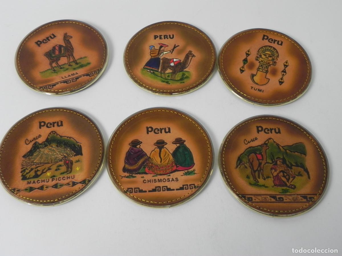 Vintage: Lote de 6 Posavasos Vintage de Cuero Repujado - Artesan&iacute;a de Per&uacute; (Cusco) - Sin Uso