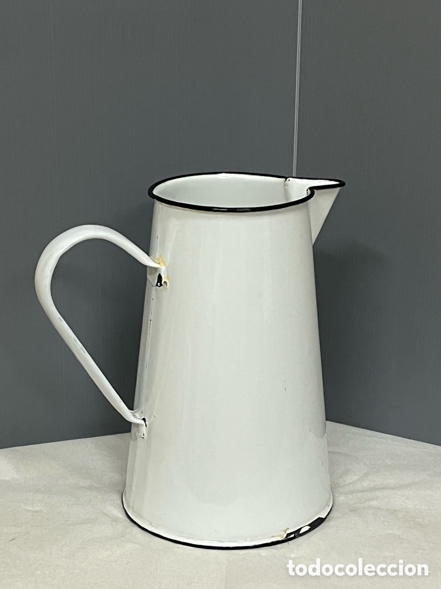 Vintage: JARRA FRANCESA DE ESMALTE BLANCO CON BORDE AZUL, PRINCIPIOS DEL SIGLO XX.