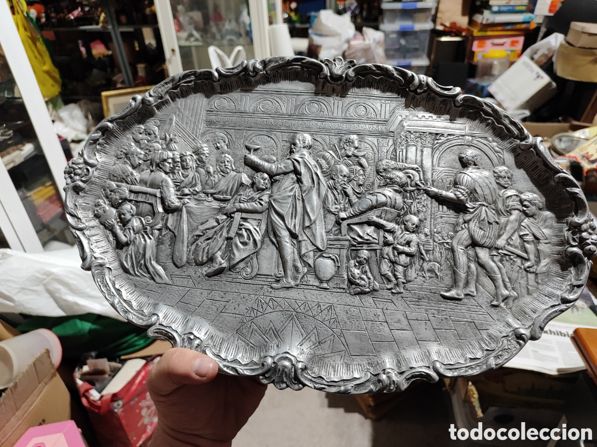 Vintage: Antigua bandeja placa plateada de petre con imagen Las Bodas de Can&aacute;