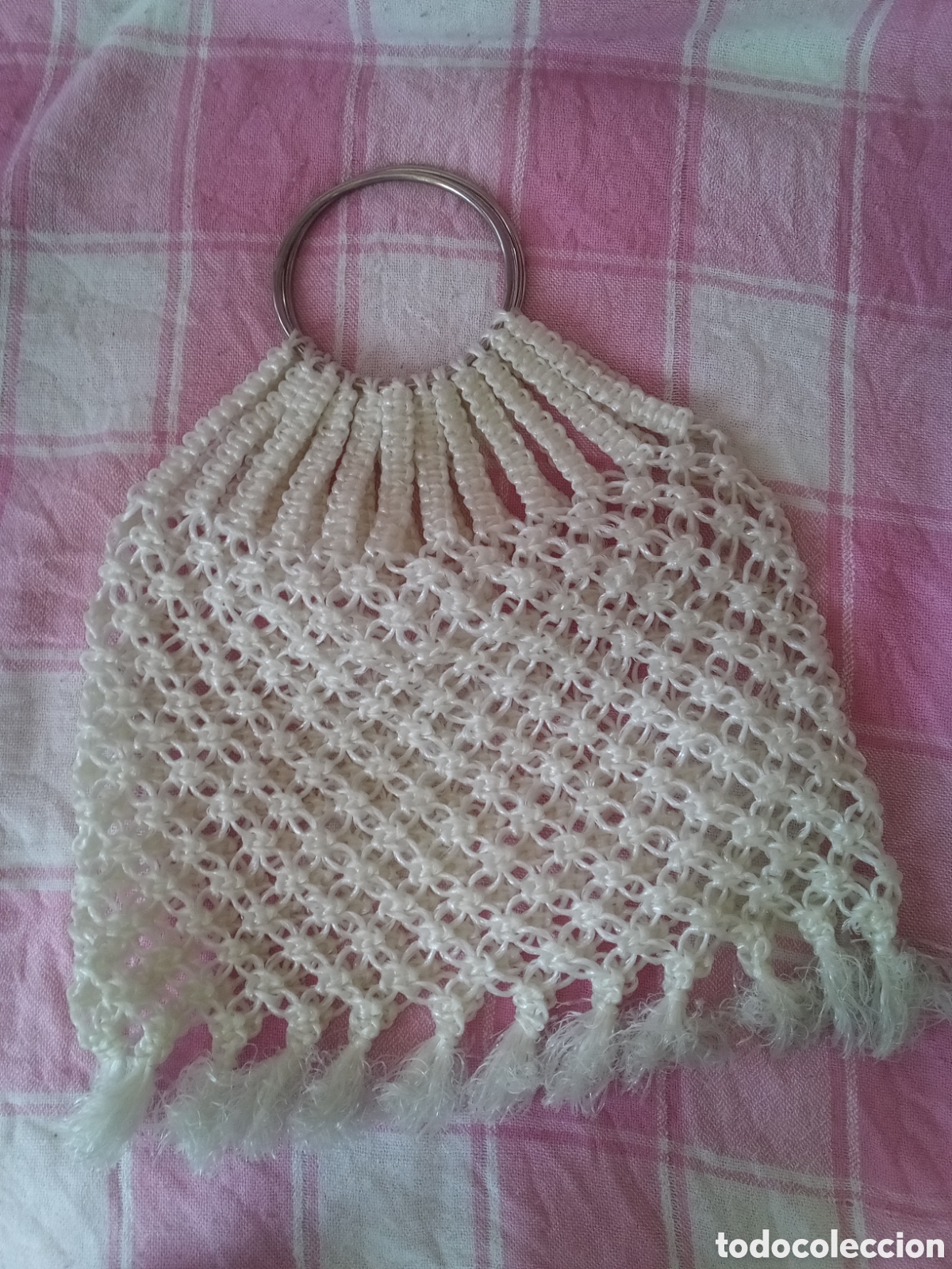 Vintage: BOLSO MACRAME DE CUERDA PL&Aacute;STICO CON ANILLAS MET&Aacute;LICAS - BOLSA