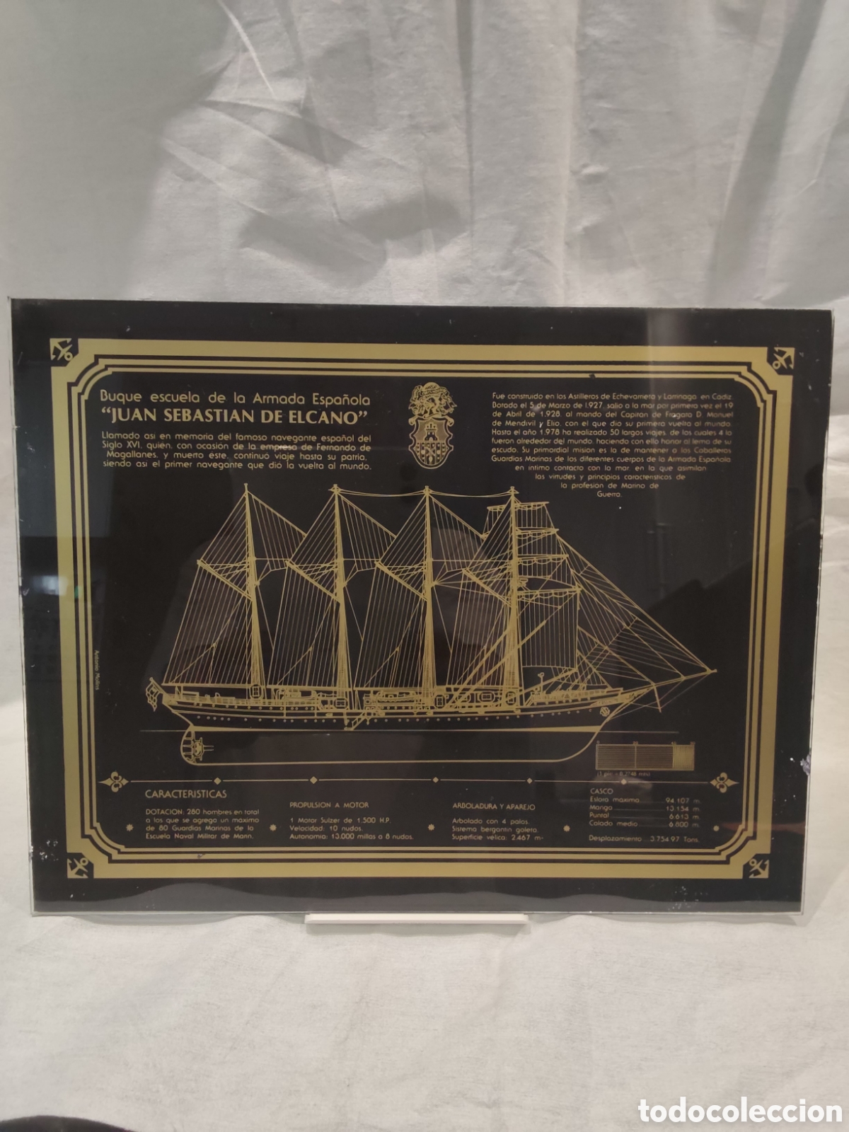 Vintage: Cuadro cristal serigrafiado Juan Sebasti&aacute;n de Elcano Armada Espa&ntilde;ola vintage