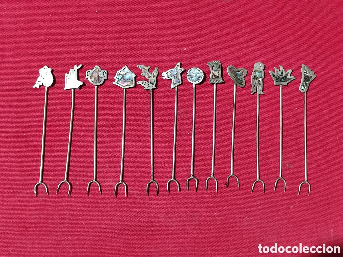 Vintage: Juego de 12 pinchos para aperitivos de plata con nacar a&ntilde;os 70