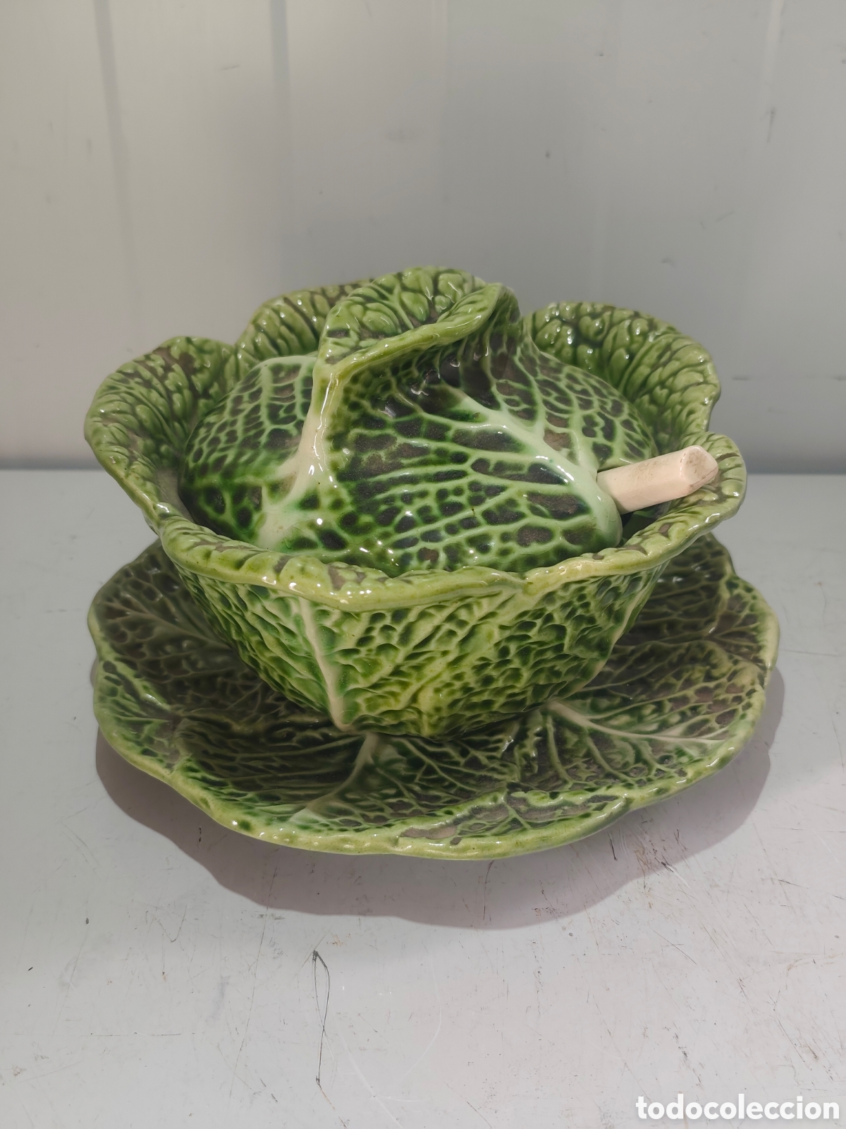 Vintage: Azucarero Vintage de Cer&aacute;mica en Forma de Col / Repollo - Con Plato y Cuchara - Estilo Bordallo Pinh