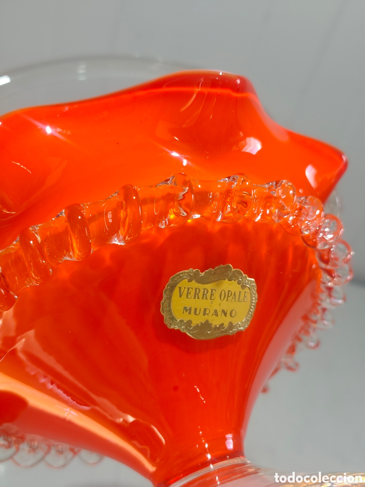 Vintage: Cesta de Cristal de Murano Vintage - Vidrio Opalino Naranja y Blanco - Etiqueta Original -