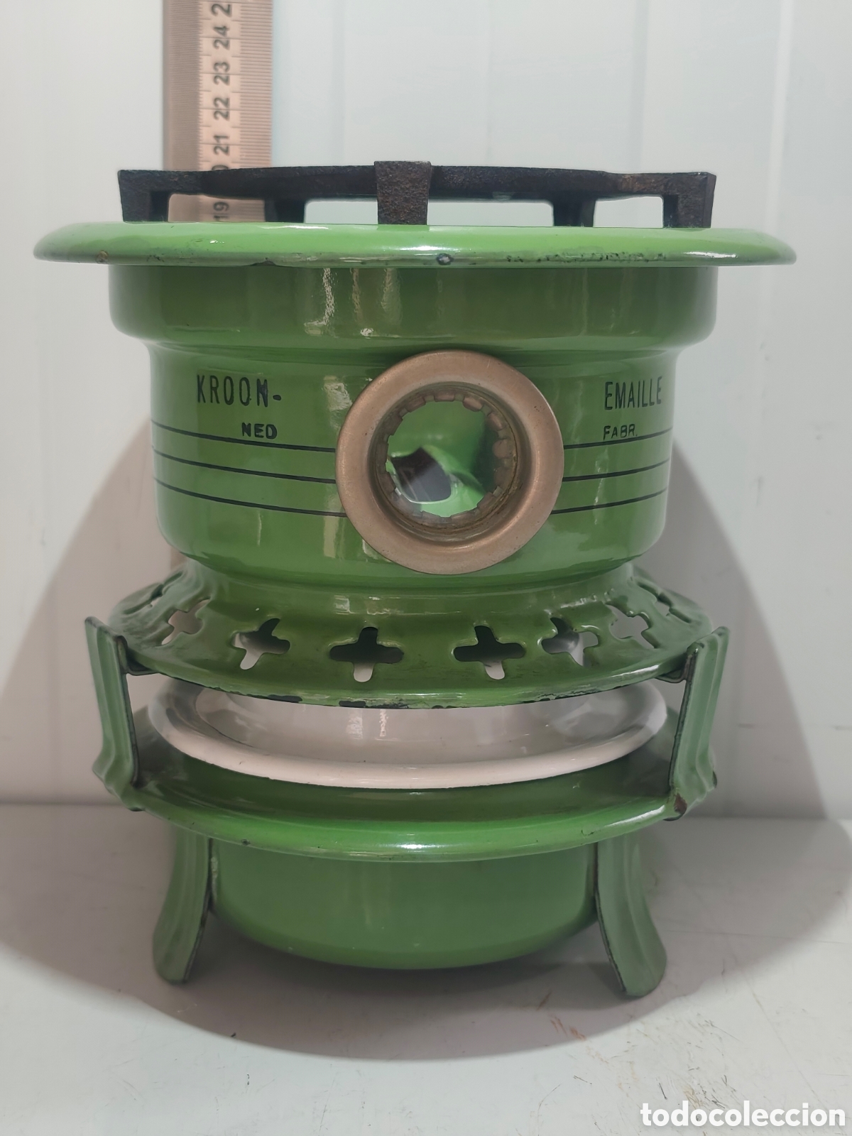 Vintage: Hornilla Antigua Kroon - Hierro Esmaltado Verde - Holanda