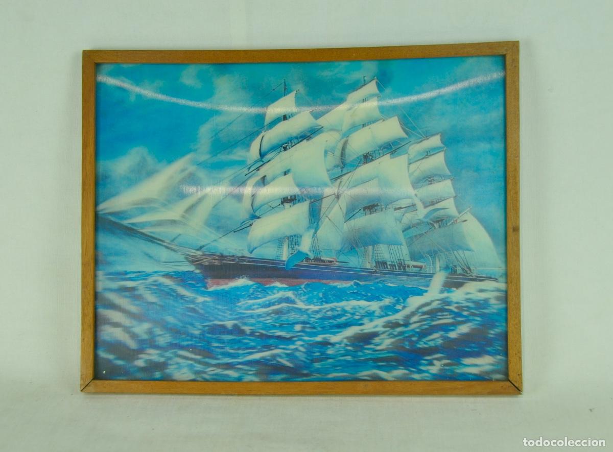 Vintage: Cuadro l&aacute;mina barco en 3D fondo azul