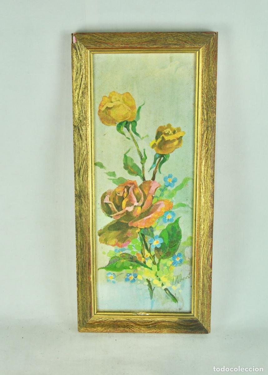 Vintage: Cuadro rosas marco dorado a&ntilde;os 60