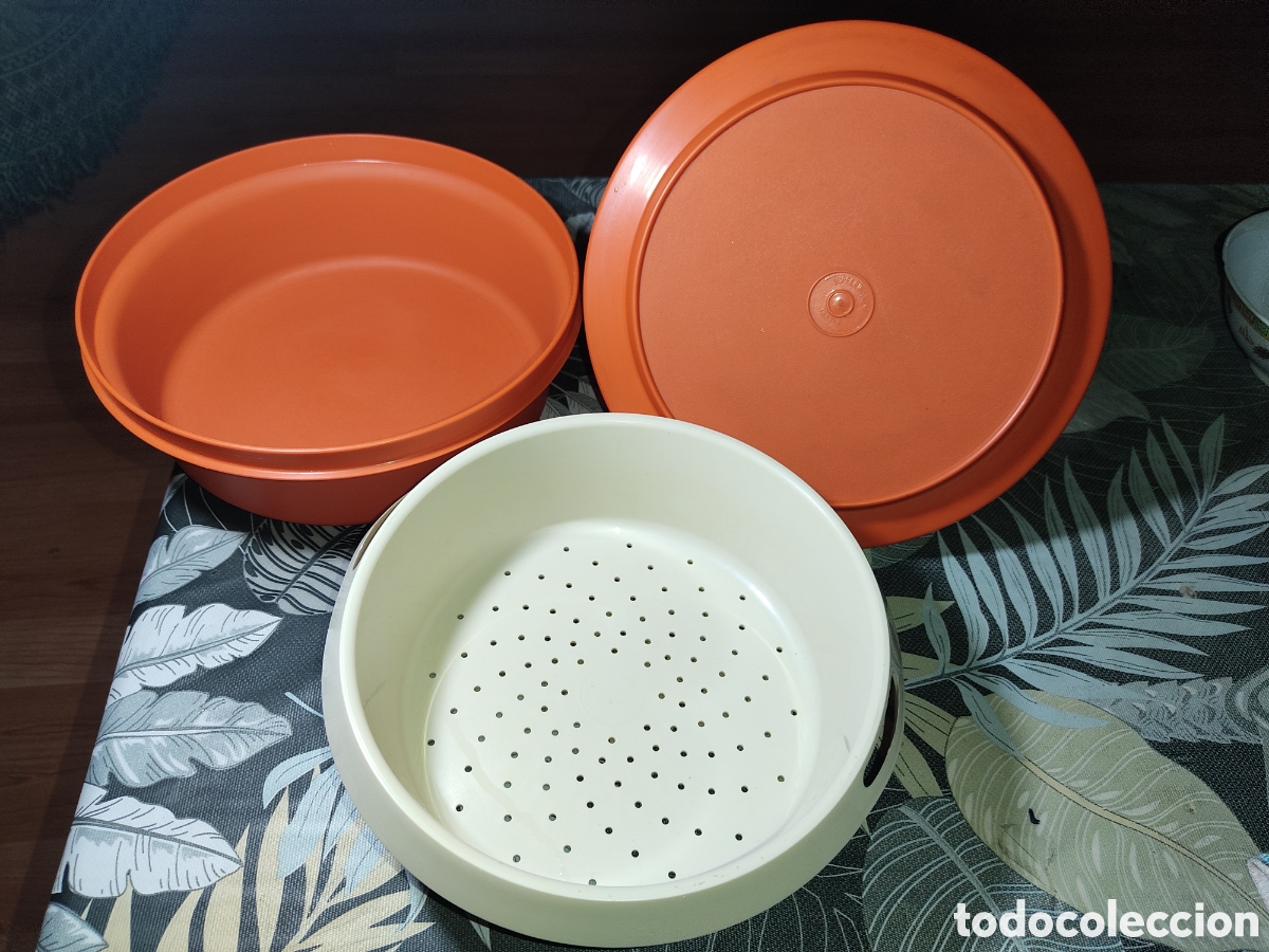 Vintage: Fiambrera Tupperware grande 3 piezas con escurridor,ensaladera.Original a&ntilde;os 70.