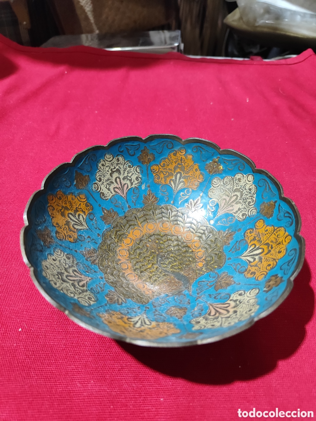Vintage: Peque&ntilde;o bol centro de mesa o ponlo todo con imagen pavo real pintado y tallado de la India