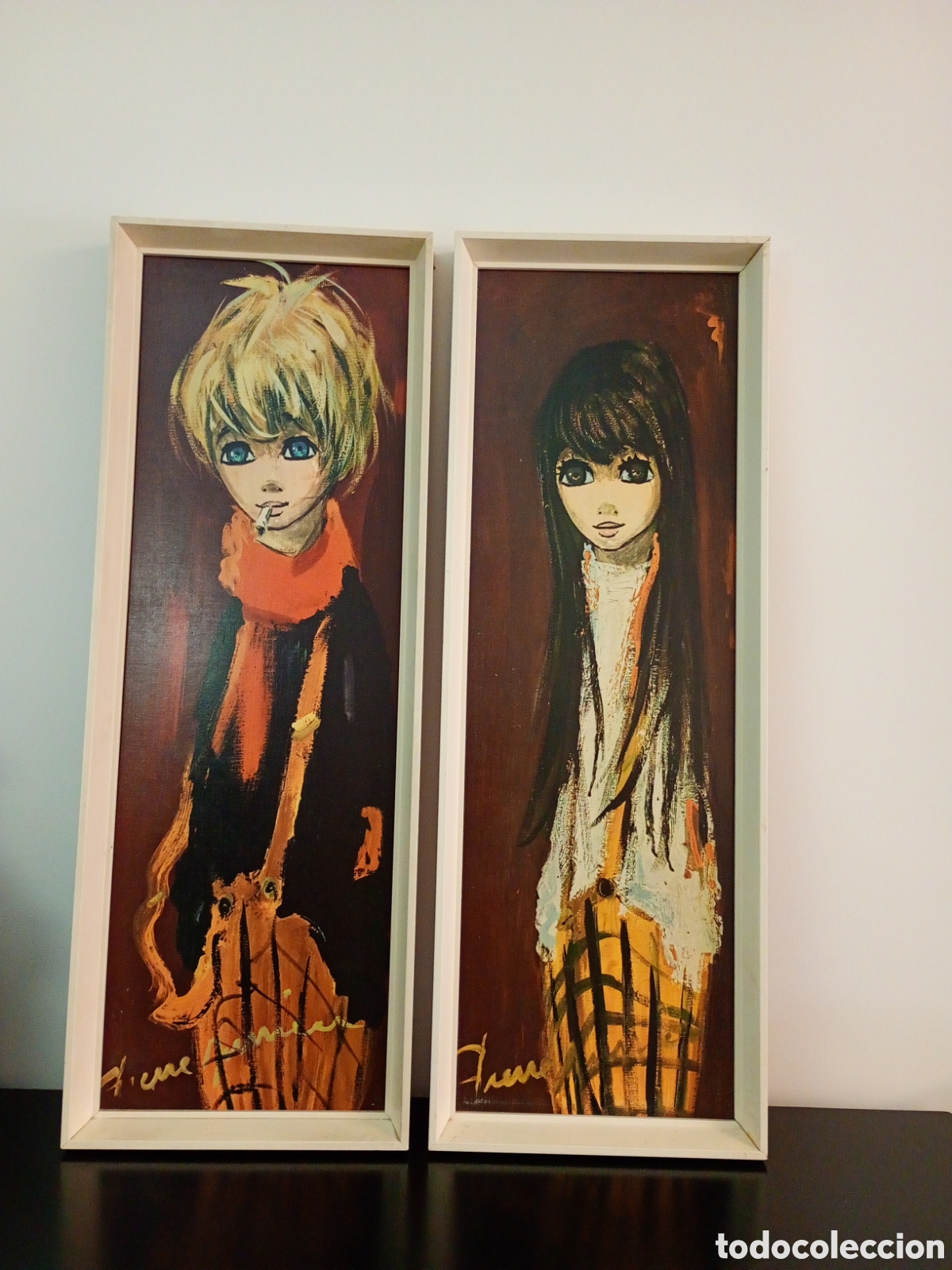 Vintage: Pareja de cuadros vintage firmados &ndash; ilustraci&oacute;n retro, t&eacute;cnica mixta, enmarcados