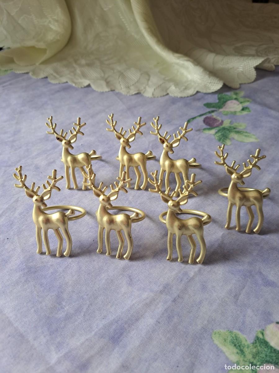 Vintage: Lote de 7 servilleteros de metal, figura de renos, metal dorado.