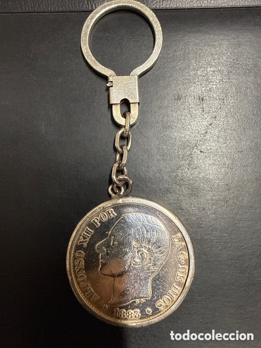 Vintage: Llavero Vintage con Moneda de 5 Pesetas 1883 &ndash; Alfonso XII &ndash; Plata &ndash;.