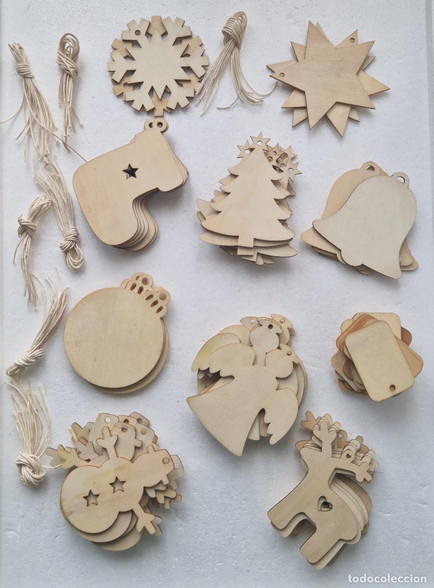Vintage: LOTE DE 55 FIGURAS MOTIVOS NAVIDE&Ntilde;OS EN MADERA PARA PINTAR Y DECORAR. CON 70 CUERDAS PARA COLGAR.