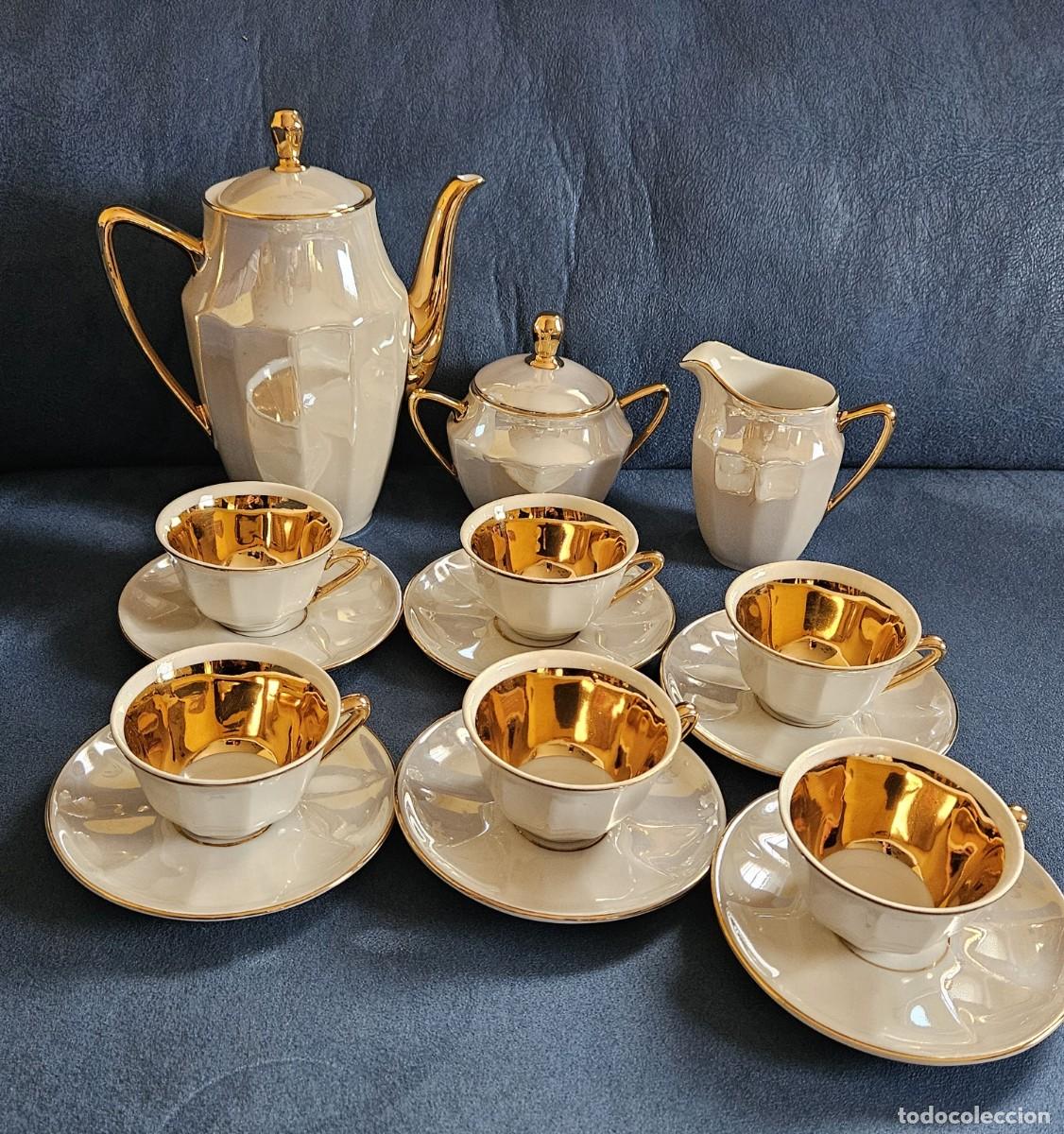 Vintage: Antiguo Juego De Caf&eacute; Nuevo Y Completo Nacarado, Detalles Dorados E Interior Tazas En Dorado.