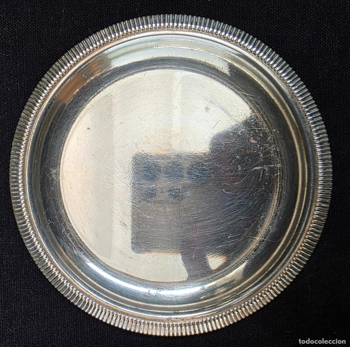 Vintage: Platillo antiguo de metal plateado con borde estriado cl&aacute;sico 12,5 cm