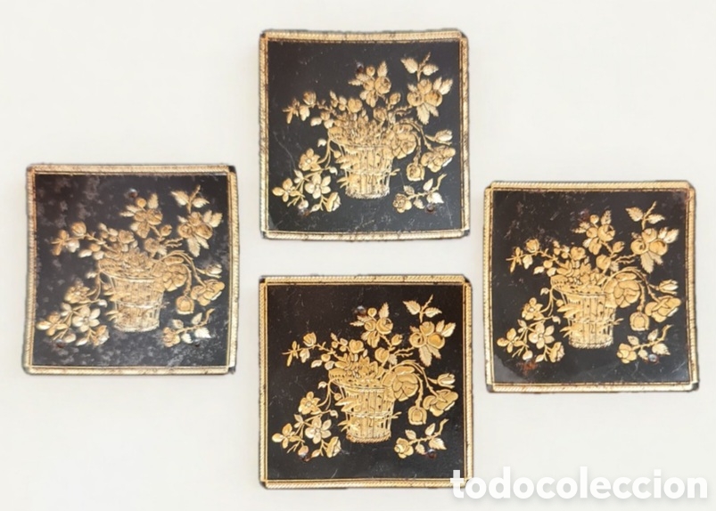 Vintage: Juego de 4 Bandejitas Joyero en Damasquinado de Toledo &ndash; Motivo Floral Dorado