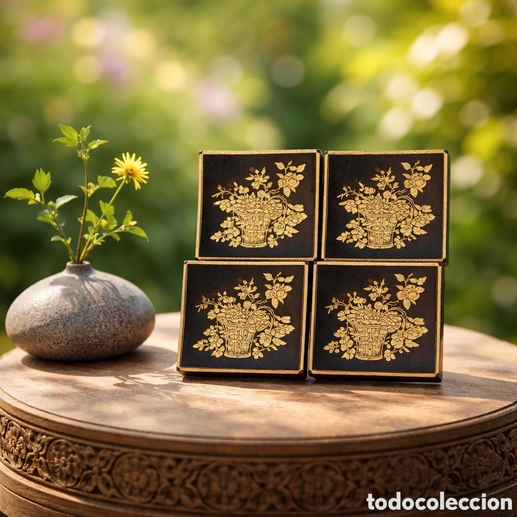 Vintage: Juego de 4 Bandejitas Joyero en Damasquinado de Toledo &ndash; Motivo Floral Dorado