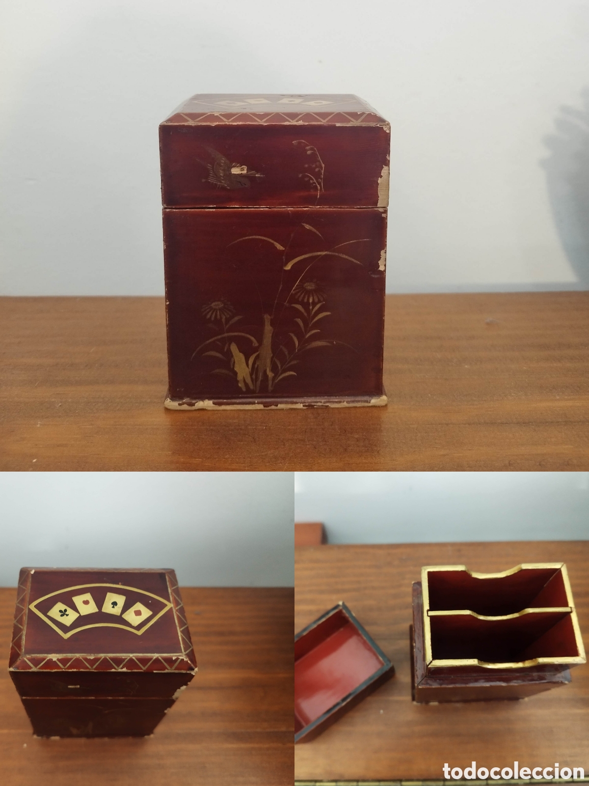 Vintage: Caja madera lacada rojo oscuro motivos florales dorados pintados a mano barajas ca