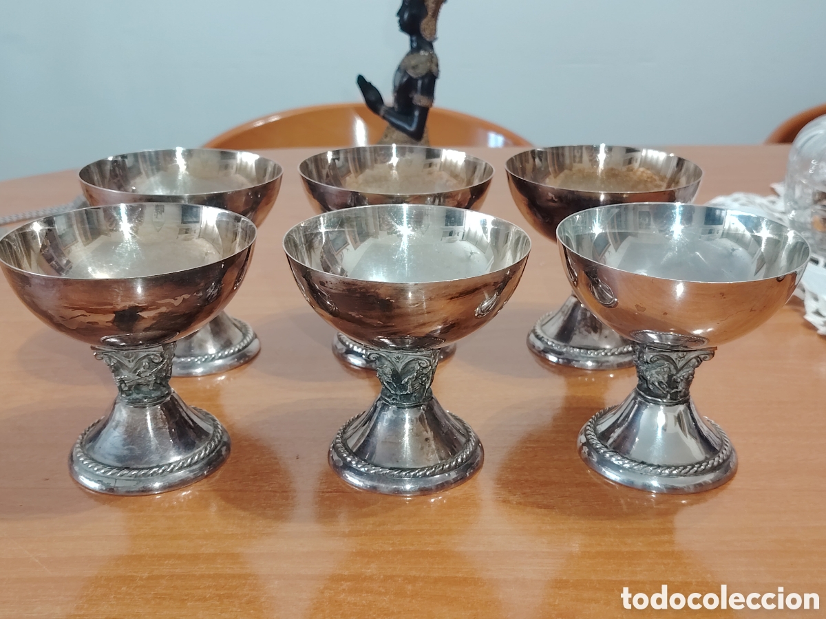 Vintage: Juego de 6 copas en alpaca ba&ntilde;o en plata, vintage