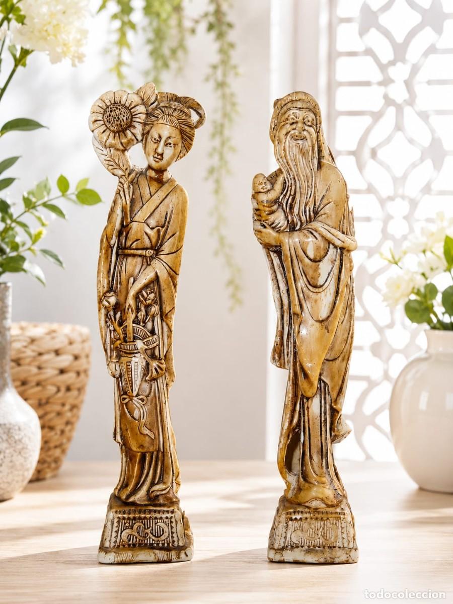 Vintage: PAREJA DE FIGURAS ANCIANA Y ANCIANO CHINOS ORIENTAL ESCAYOLA VINTAGE