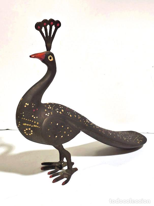 Vintage: Pavo Real de Bronce Pintado a mano India