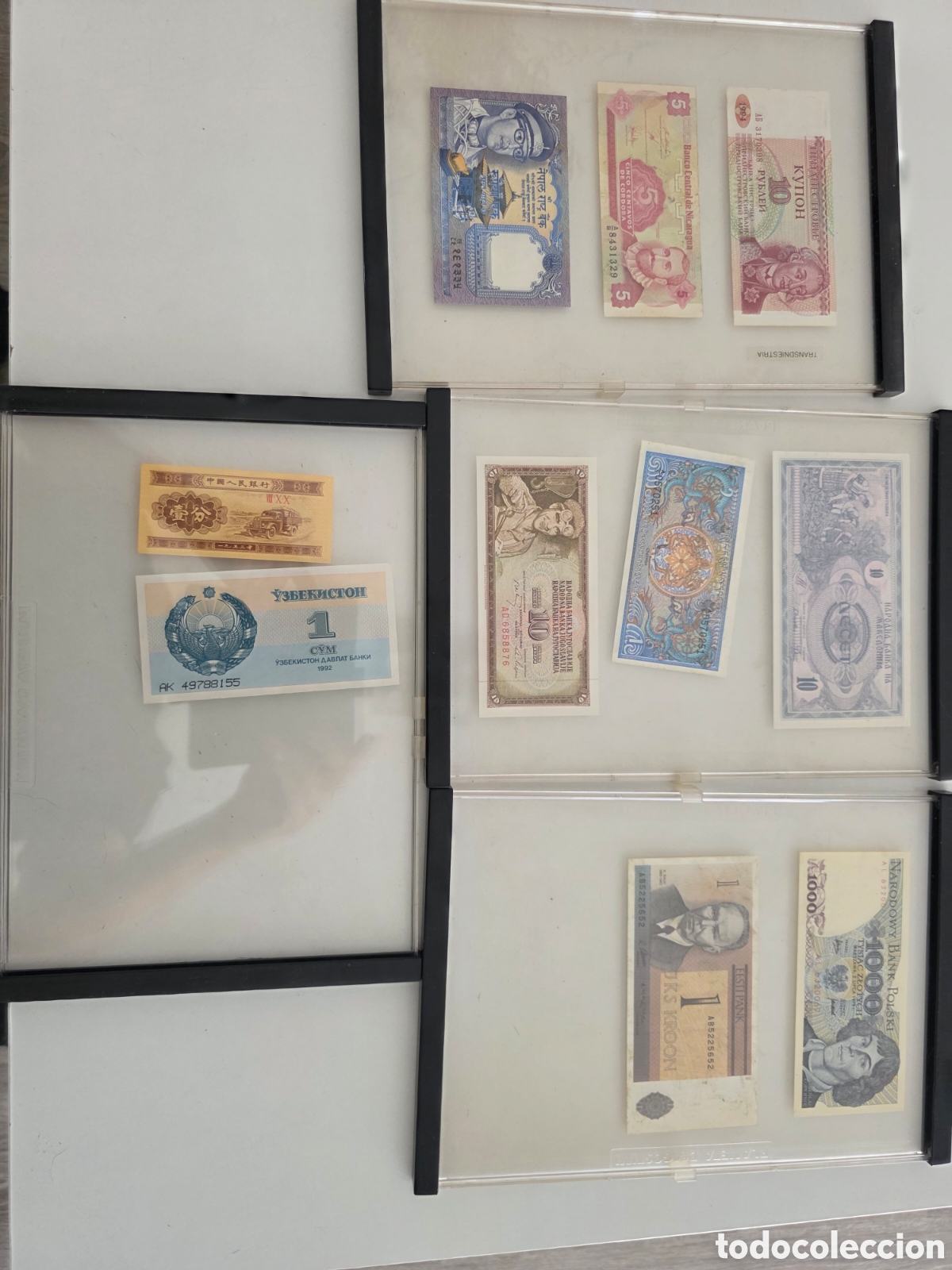 Vintage: Lote billetes extranjeros antiguos con vitrinas protectoras