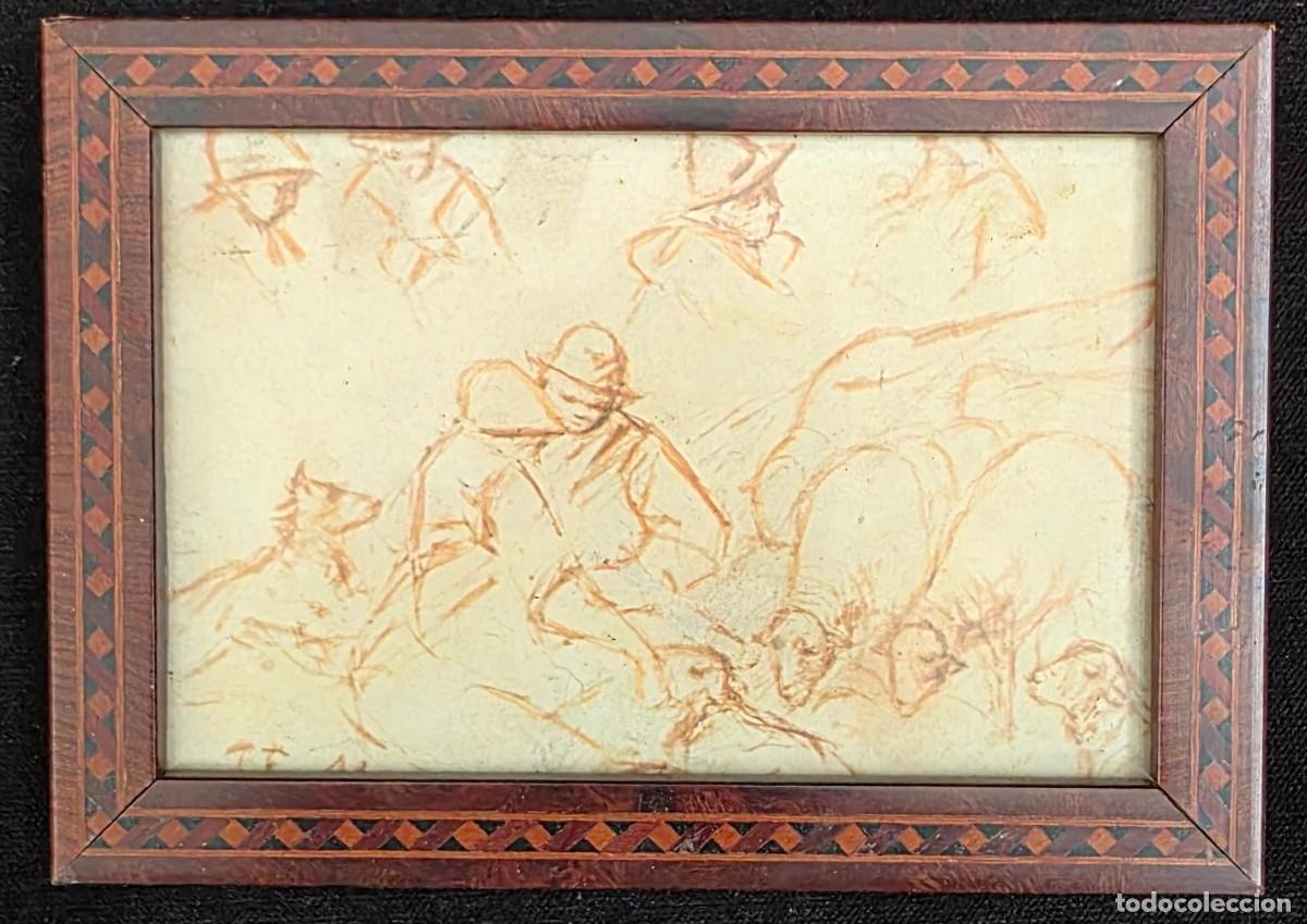 Vintage: Dibujo antiguo a sanguina escena pastoril con perros enmarcado marqueter&iacute;a madera 12x17 cm