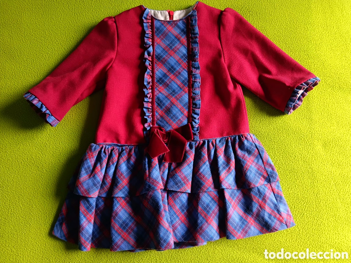 Vintage: Vestido ni&ntilde;a granate y azul de cuadros con volantes