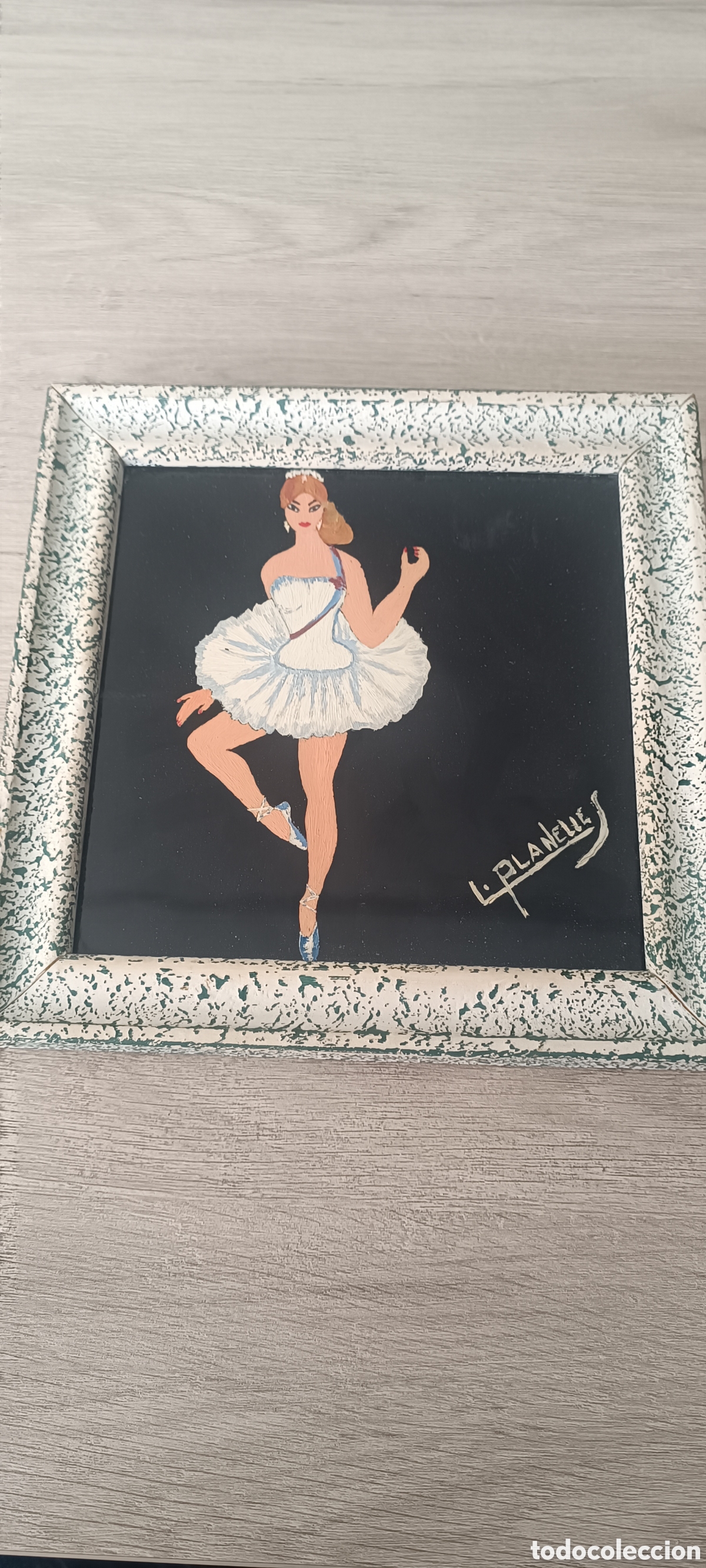 Vintage: Cuadro vintage, Bailarina pintada sobre azulejo negro a&ntilde;os 60/70