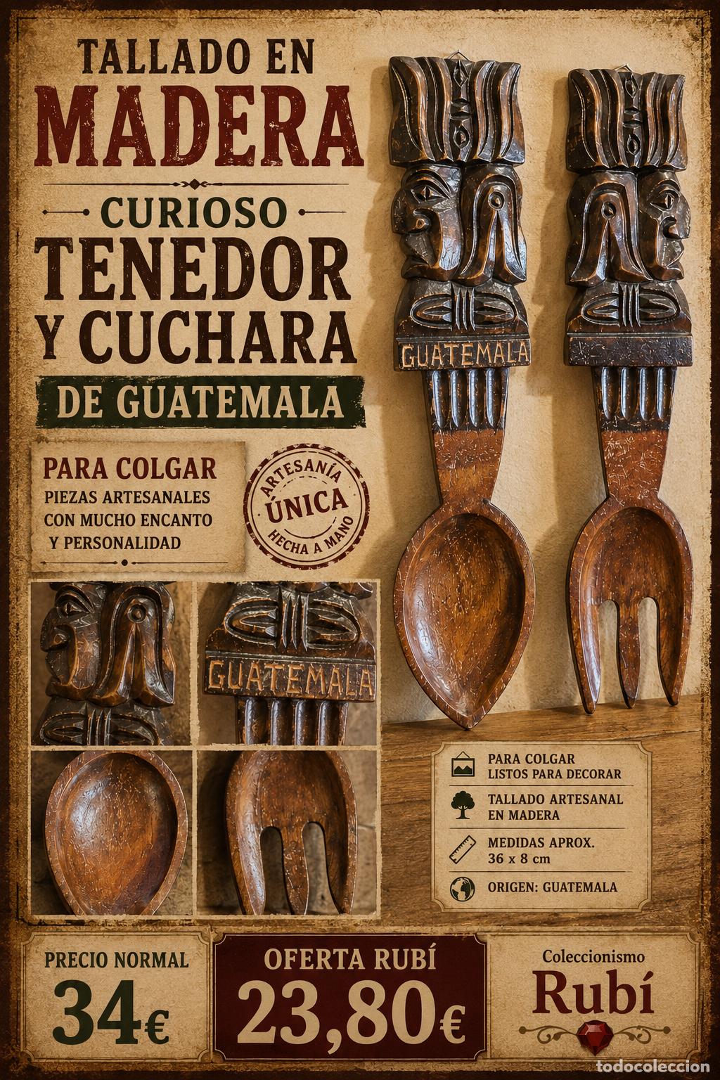 Vintage: TALLADO EN MADERA DE GUATEMALA / GRAN CUCHARA Y TENEDOR PARA COLGAR / DECORACI&Oacute;N VINTAGE