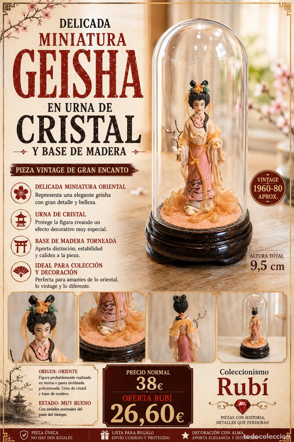 Vintage: BONITA MINIATURA ORIENTAL VINTAGE EN URNA DE CRISTAL Y BASE DE MADERA / GEISHA