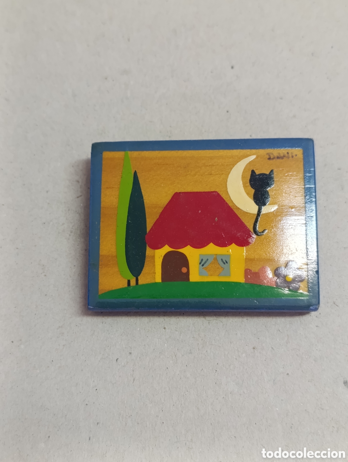 Vintage: CUADRITO PEQUE&Ntilde;O PINTADO EN MADERA REPRESENTANDO CASITA Y GATO EN LUNA.