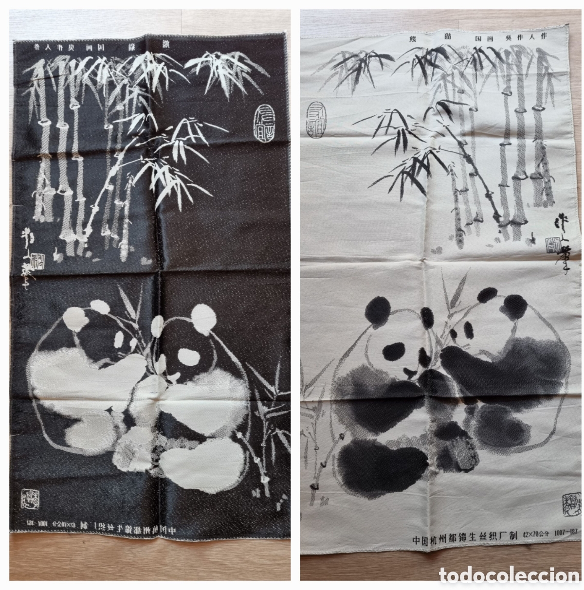 Vintage: Gran lienzo chino con hilos blancosy negros. Dibujo de pandas. 43 x 75 cm. Derecho y rev&eacute;s.