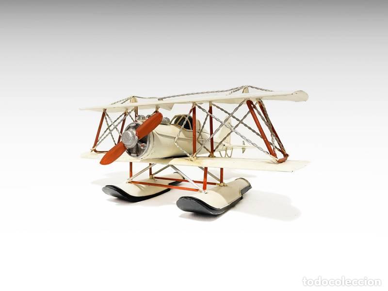 Vintage: Maqueta met&aacute;lica - Avi&oacute;n antiguo; hidroavi&oacute;n biplano (1380)
