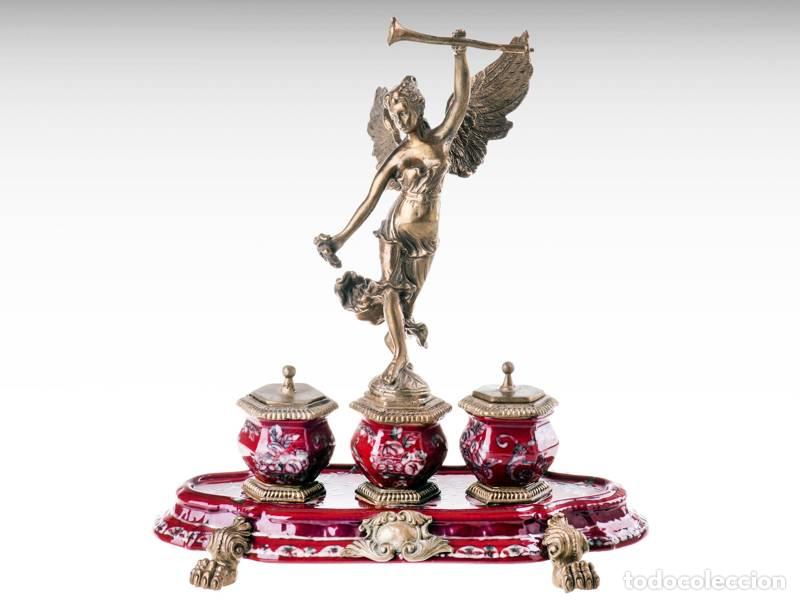 Vintage: Tintero de porcelana y bronce con &aacute;ngel - Art Nouveau (2114)