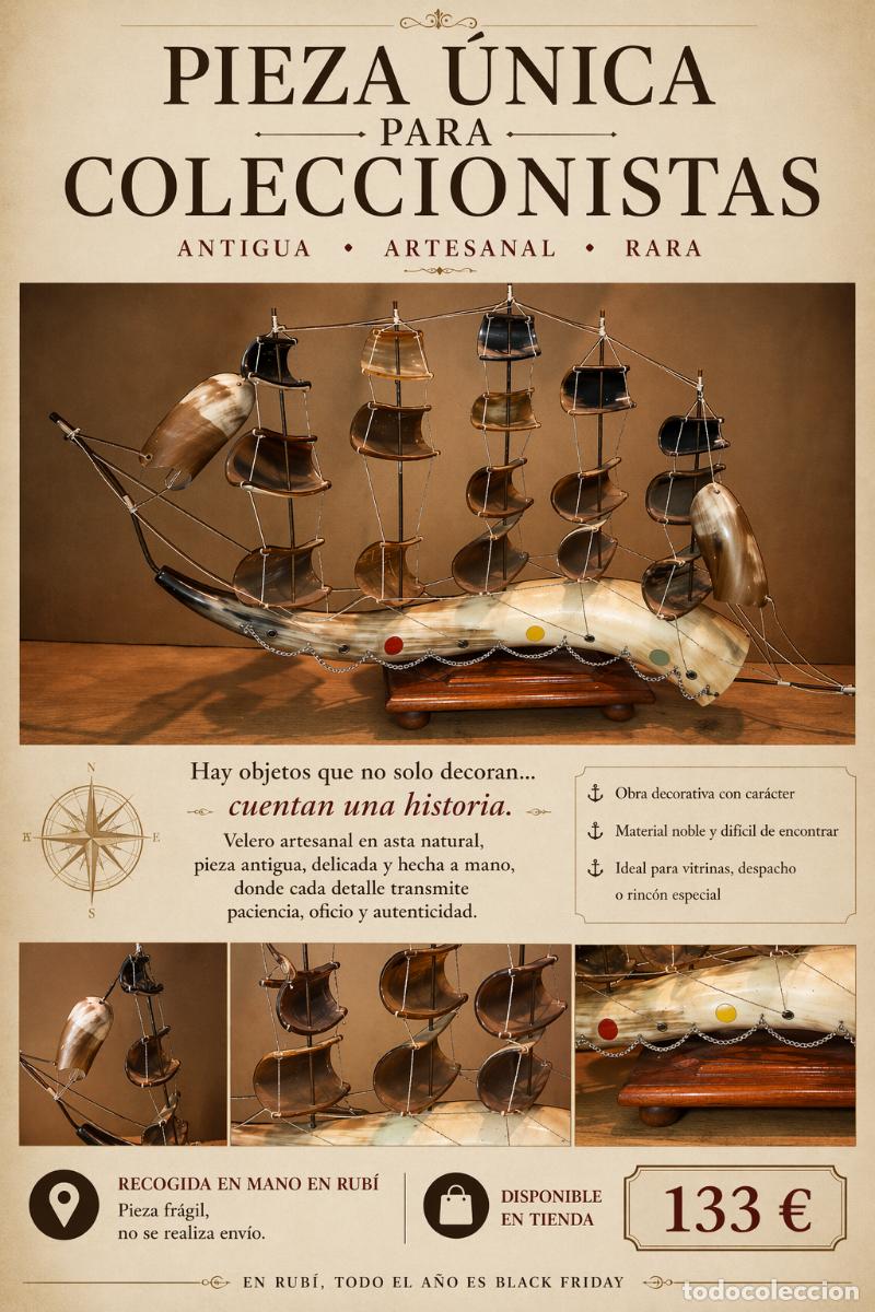 Vintage: MAGN&Iacute;FICO VELERO DE 5 M&Aacute;STILES REALIZADO EN ASTA DE TORO. +/- 90 X 50 CM / PIEZA PERFECTA. LEER*
